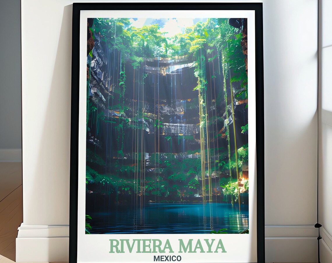Riviera Maya Cenote Jungle Sinkhole Sunbeam Mexico Travel Poster