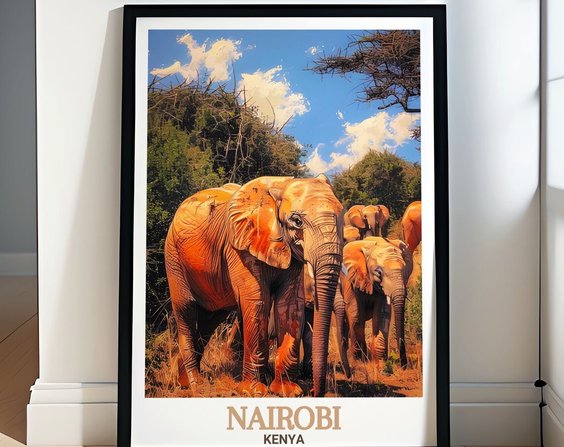 Nairobi Kenya Elephant Herd Crossing the Savanna Wildlife Poster