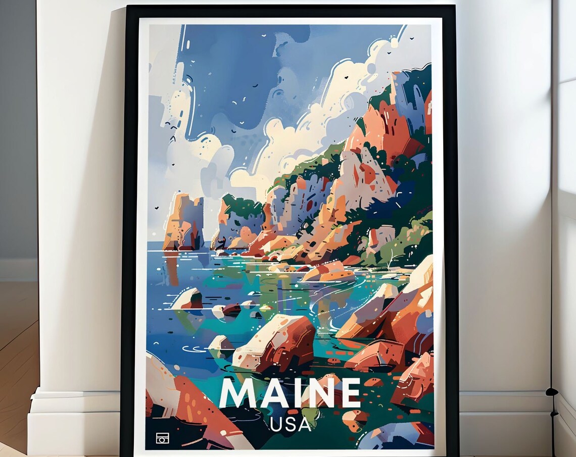 Maine USA Rocky Shoreline With Colorful Cliffs At Daytime Poster