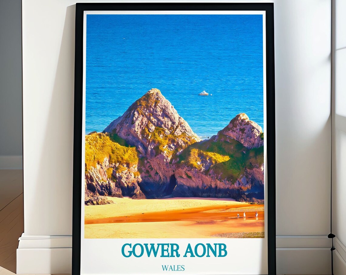 Gower AONB Wales Rocky Coast Sea Cliffs Golden Beach Travel Poster