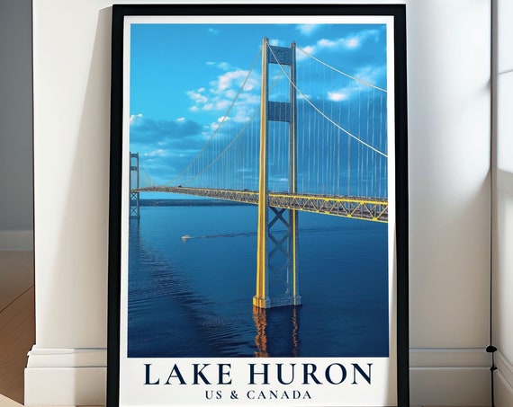 Lake Huron Poster Mackinac Bridge Artwork Lake Huron Travel Print Lake Huron Print Lake Huron Poster With Mackinac Bridge Art