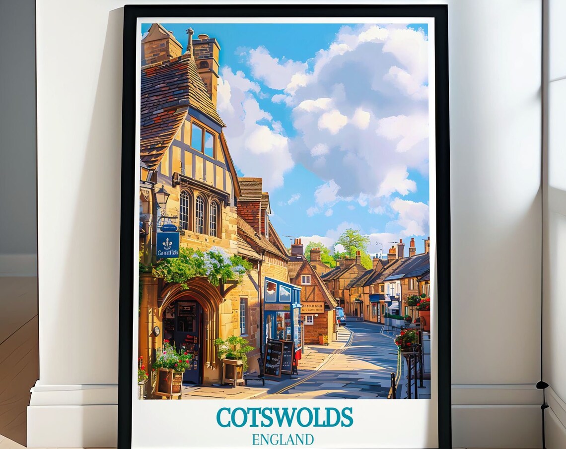 Cotswolds England Charming Village Street Stone Shops Poster