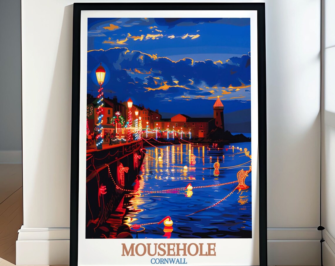 Mousehole Cornwall Christmas Lights Harbour Night Festive Travel Poster