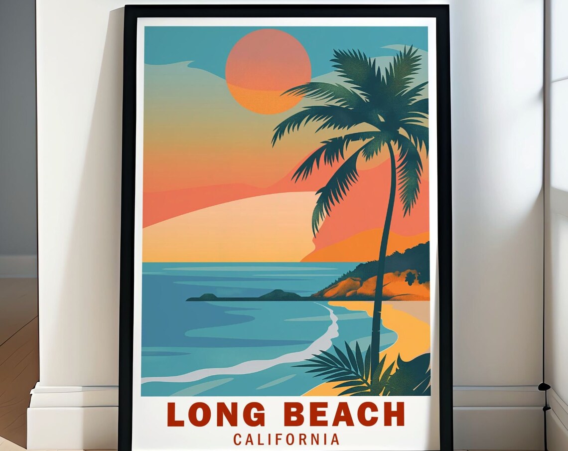 Long Beach California Palm Tree Sunset Beach Retro Art Classic Poster