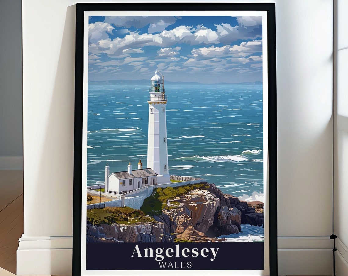 Anglesey Wales White Lighthouse Poster on Rugged Rocky Sea Cliffs
