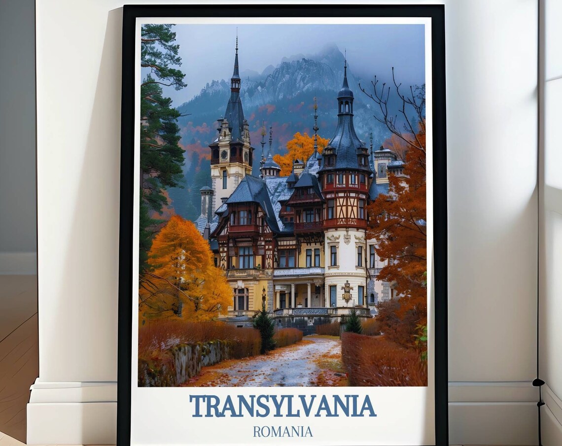 Transylvania Romania Travel Poster Peles Castle in Autumn View