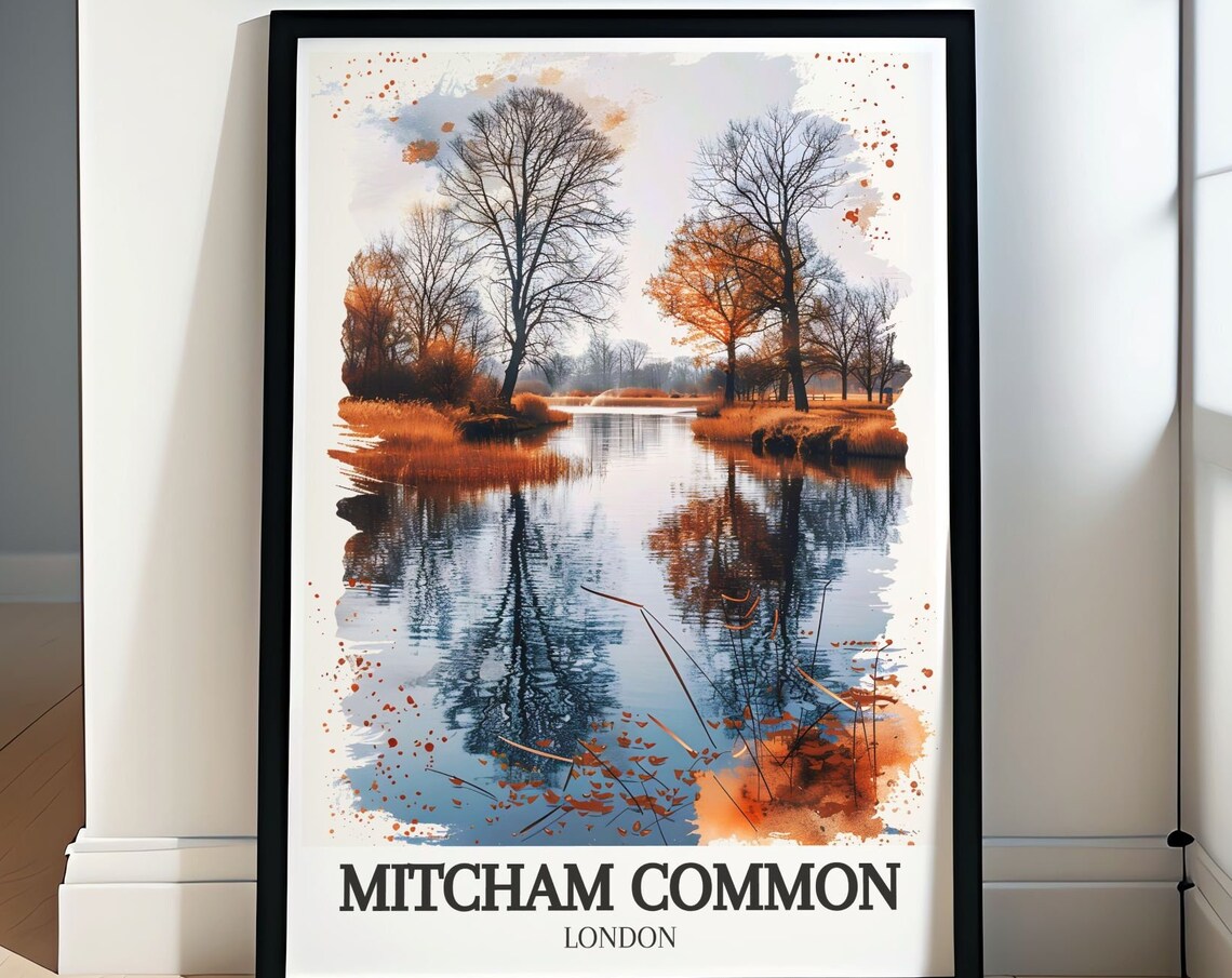 Mitcham Common London Autumn Lake Reflection Watercolor Poster