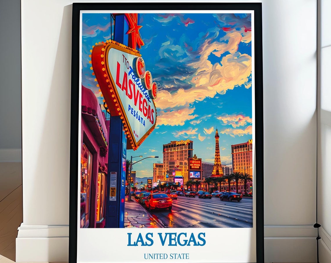 Las Vegas Strip Welcome Sign Eiffel Tower Replica Night Poster