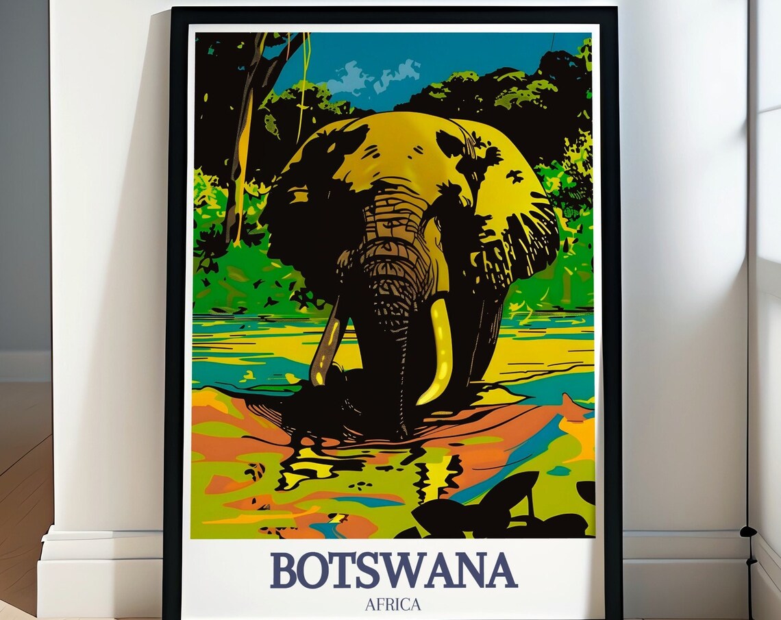 Botswana Elephant Drinking Waterhole Sunset Africa Travel Poster