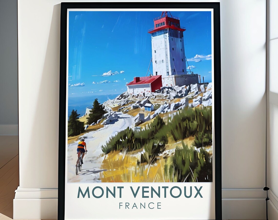 Mont Ventoux France Summit Tower Cyclist Climbing Road Travel Poster