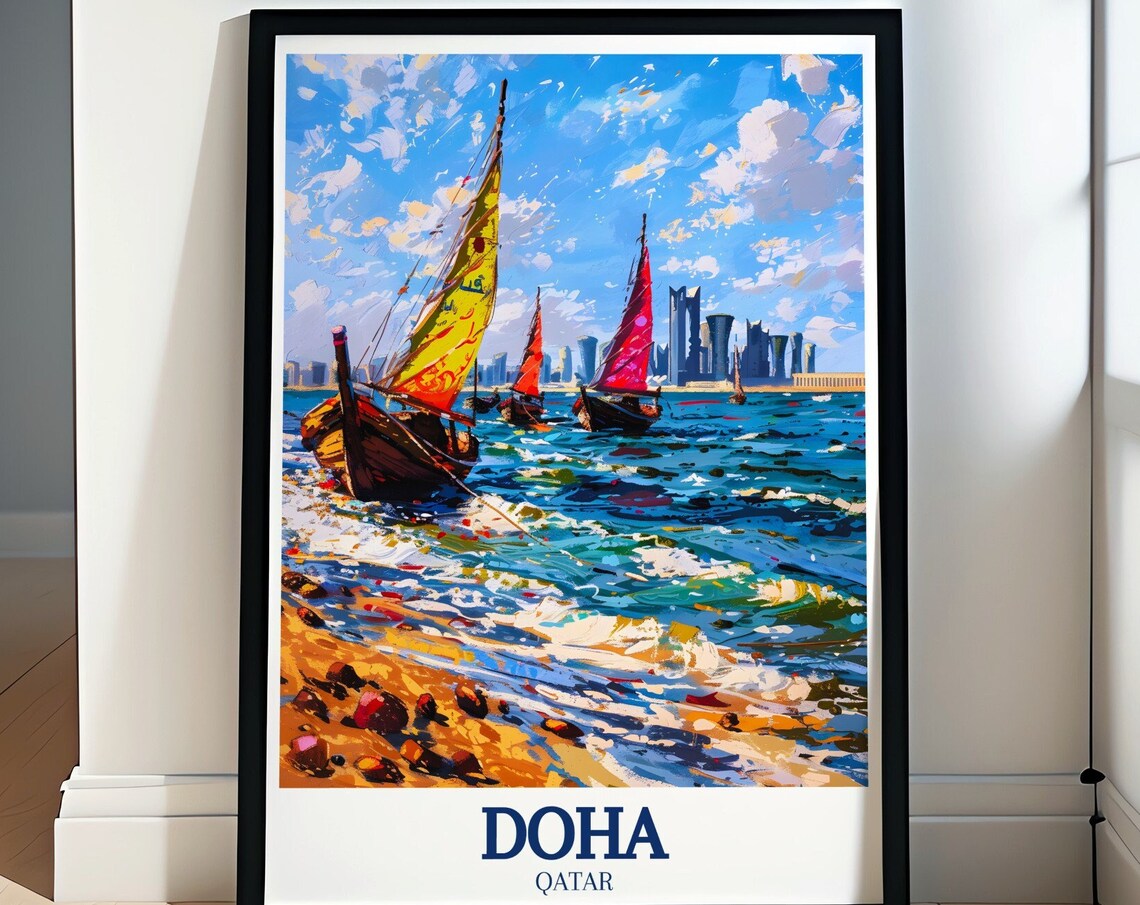 Doha Corniche Traditional Dhow Sailing Boats Seaside Qatar Poster