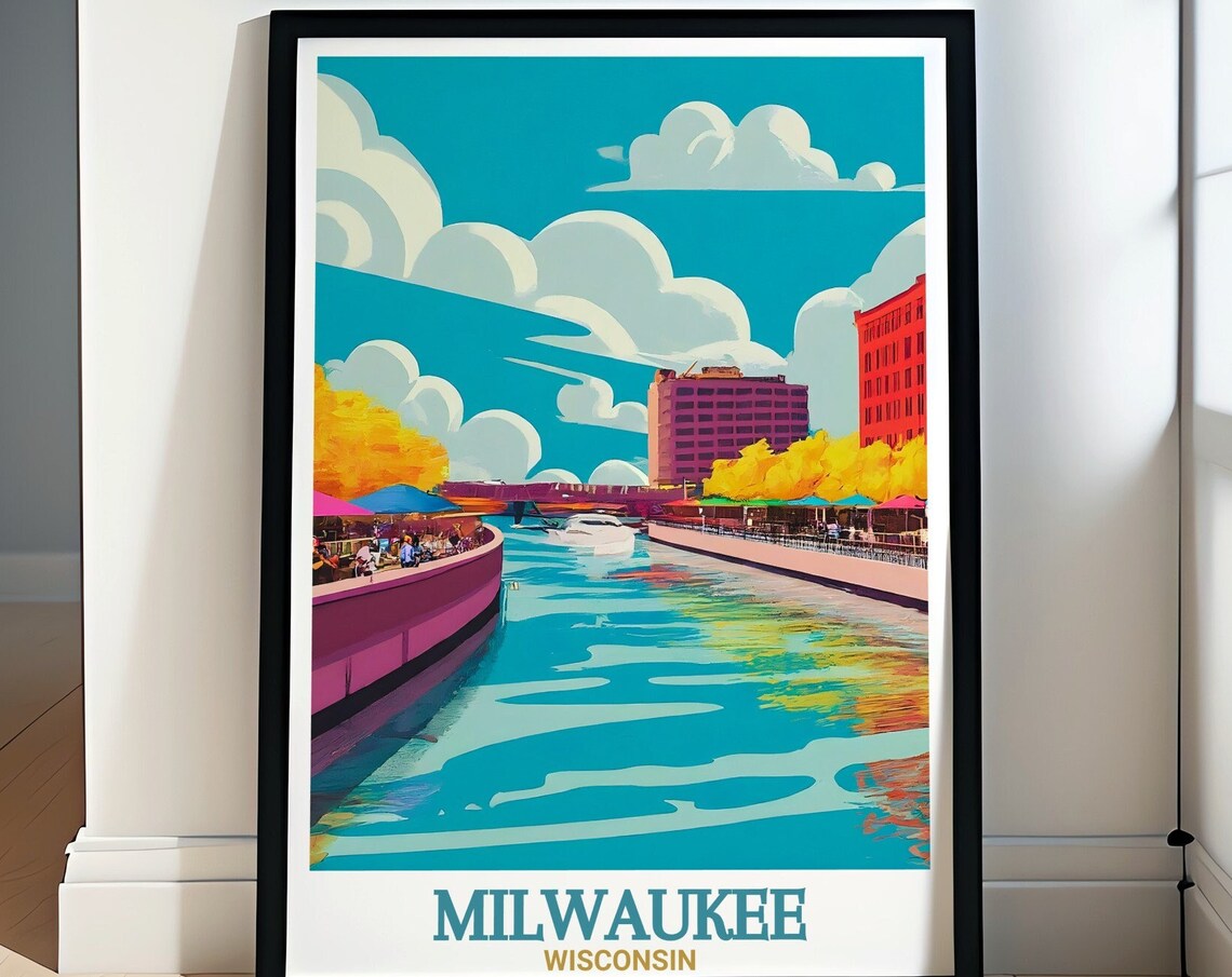 Milwaukee Riverwalk Cafes Under Bright Teal Skies Travel Poster