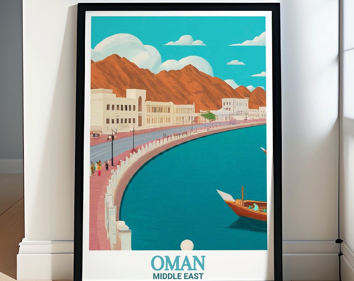 Mutrah Corniche Oman Waterfront Dhow Boat Harbor Travel Poster