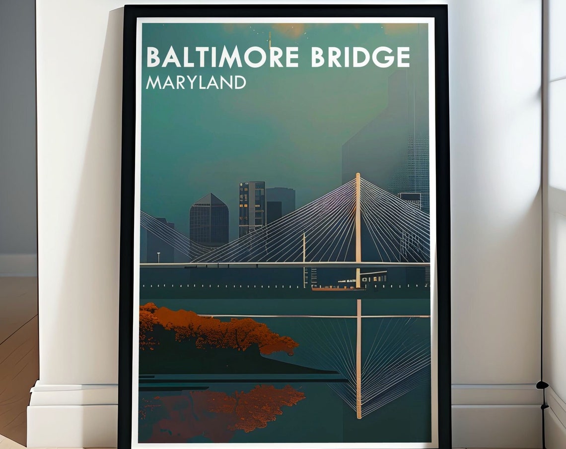 Baltimore Key Bridge Teal Dusk Reflection Minimal Travel Poster