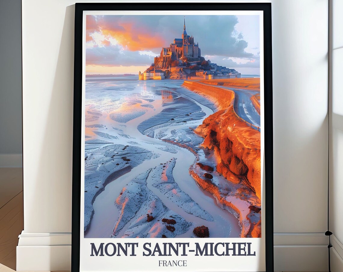 Mont Saint Michel France Golden Sunset Abbey Tidal Flats View Poster