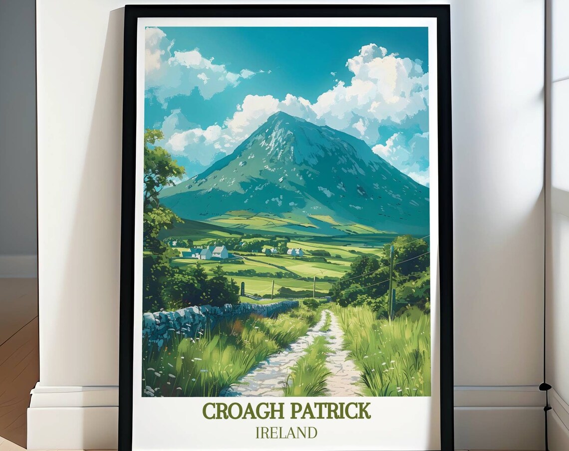 Croagh Patrick Ireland Lush Green Valley and Country Lane Poster