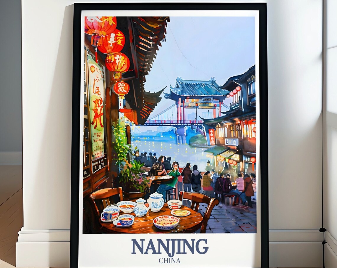 Nanjing China Fuzimiao Lanterns Street Food Watercolor Night Poster