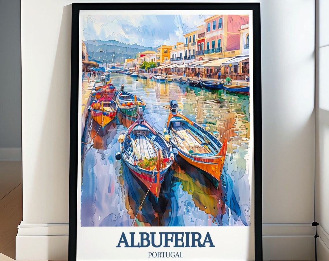 Albufeira Marina Colorful Fishing Boats Watercolor Travel Poster