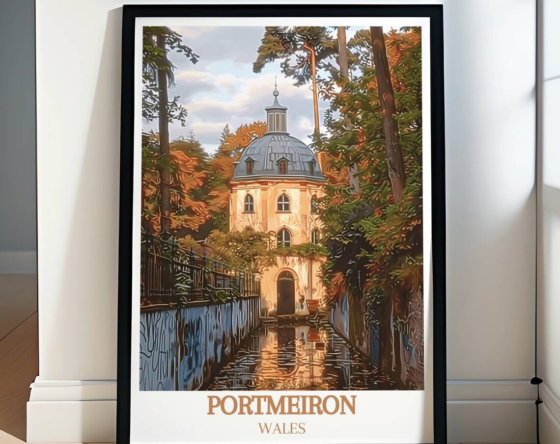 Portmeirion Pantheon Domed Hall Framed by Golden Autumn Trees Poster