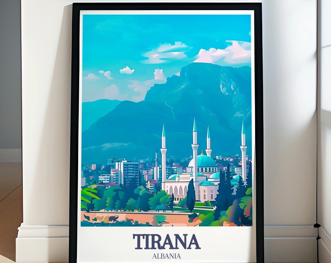 Tirana Albania Namazgah Mosque Mountain Vintage Travel Poster