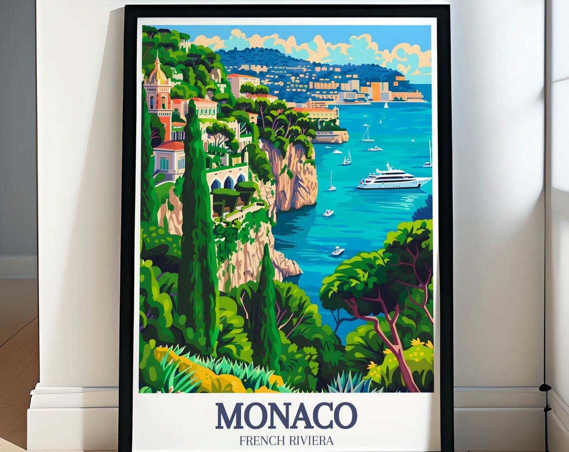 Monaco French Riviera Cliffside Coastline Yacht Harbor Travel Poster