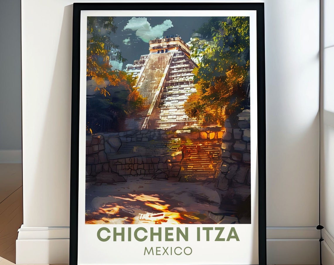 Chichen Itza Mexico Mayan Pyramid Night Glow Jungle Travel Poster