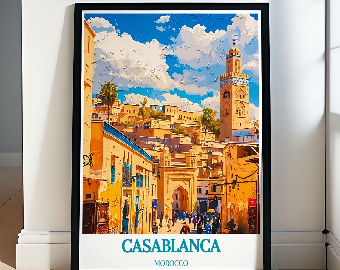 Casablanca Morocco Golden Medina Minaret Scene Sunset Travel Poster