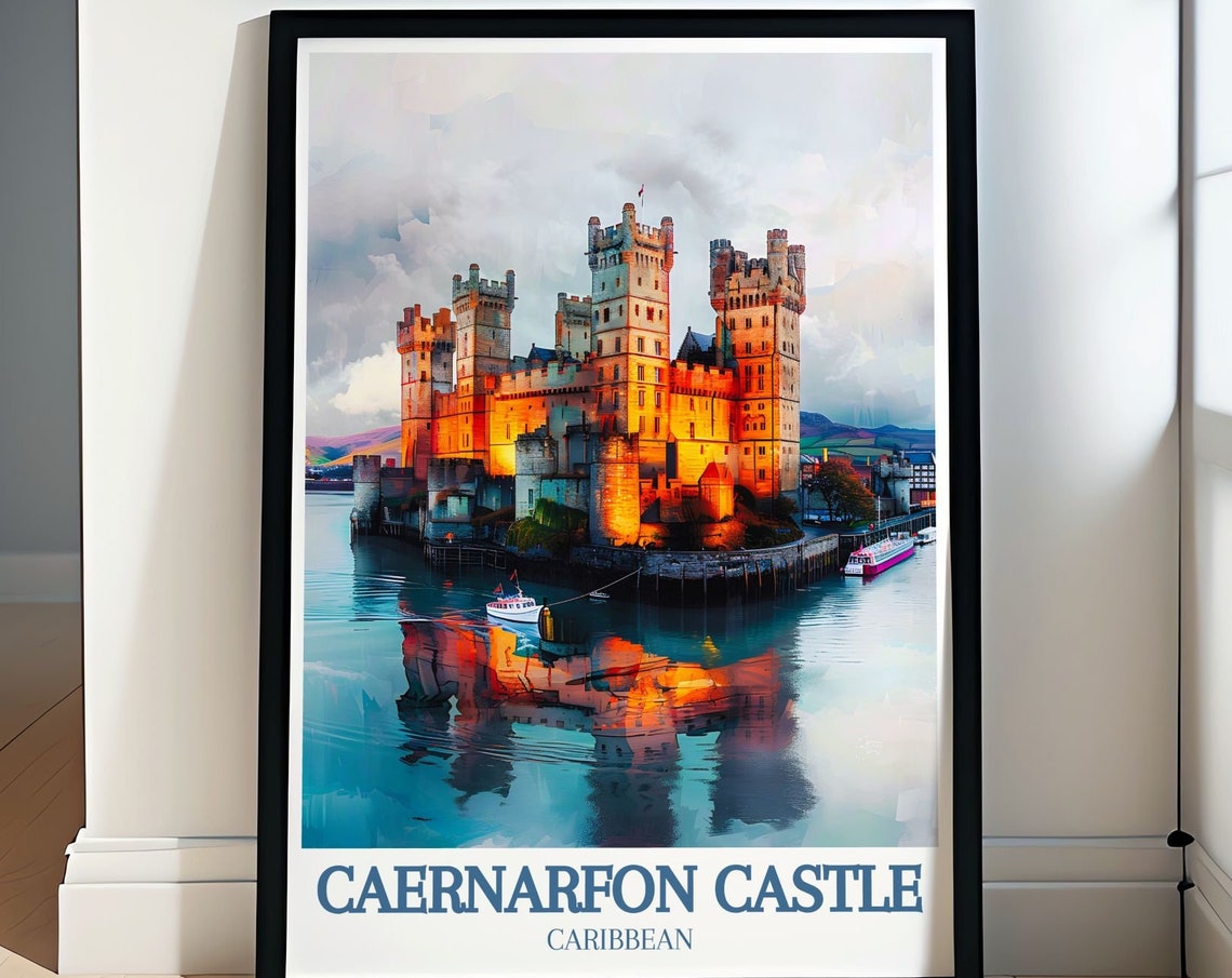 Caernarfon Castle Wales Sunset Glow Calm Water Reflection Poster