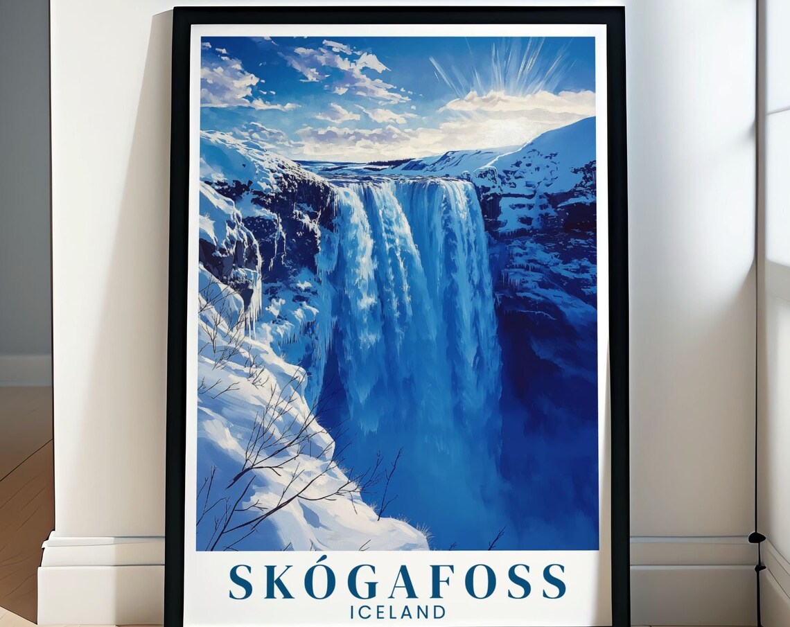 Skogafoss Iceland Frozen Winter Waterfall Deep Blue Travel Poster