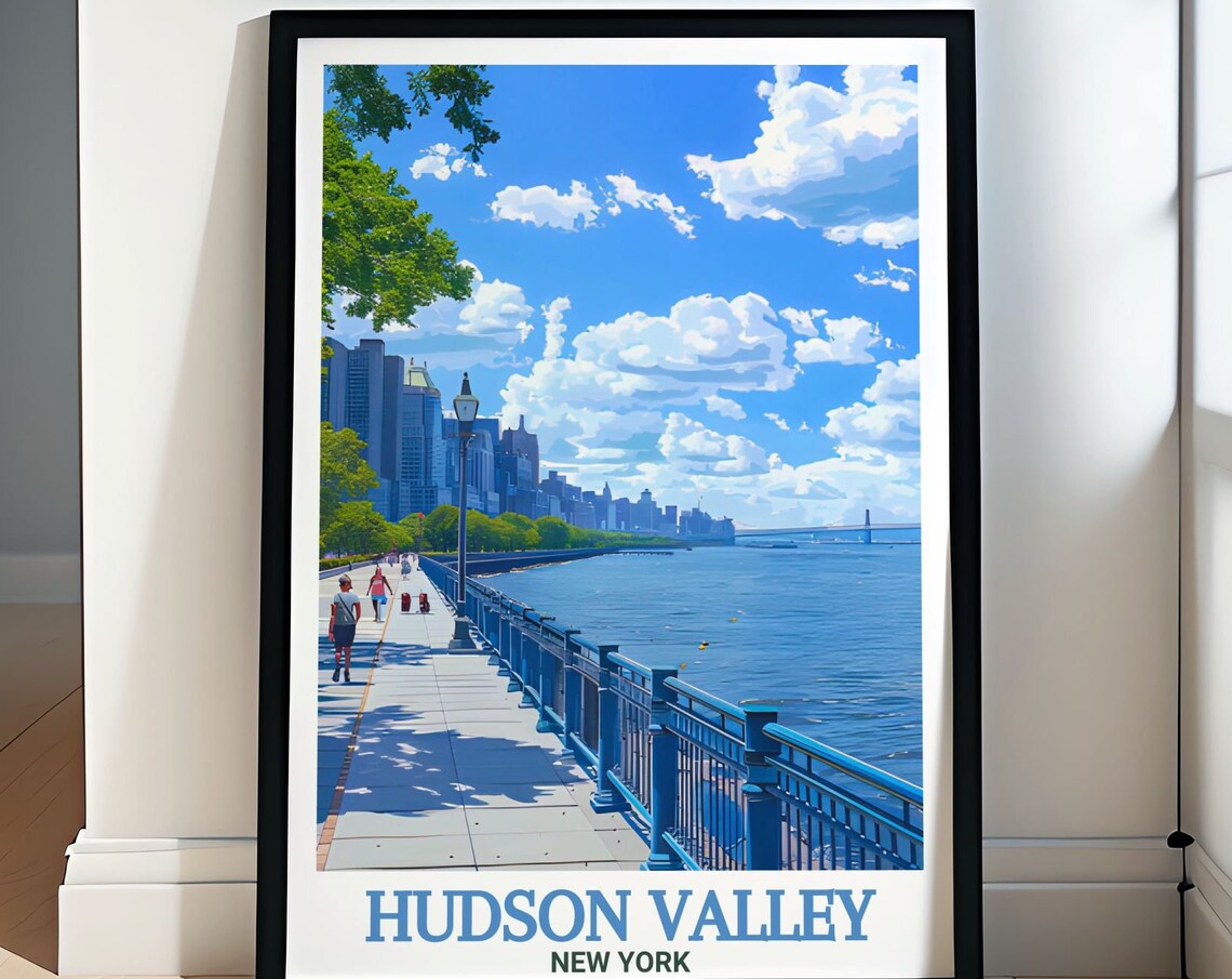 Hudson Valley Riverfront Park Promenade Skyline Sunny Day Poster