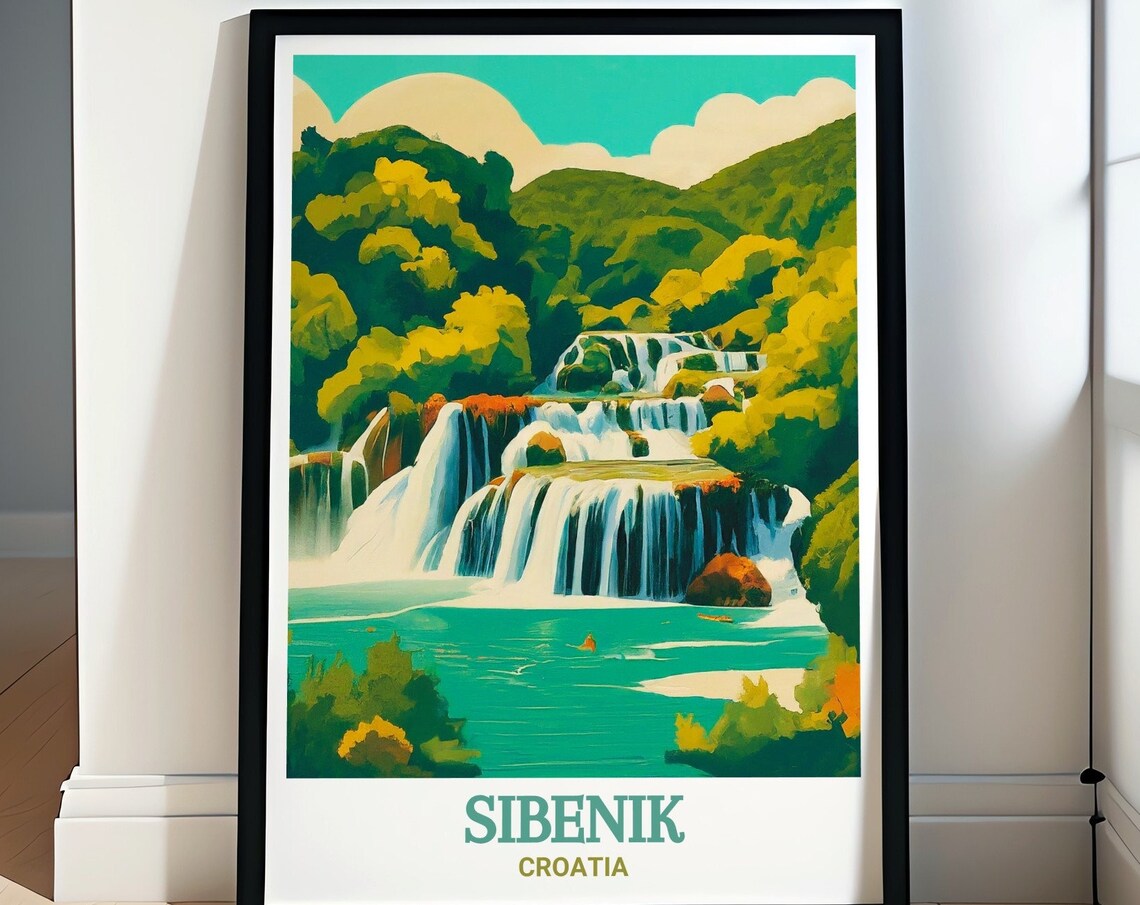 Sibenik Croatia Cascading Waterfalls Vintage Style Travel Poster