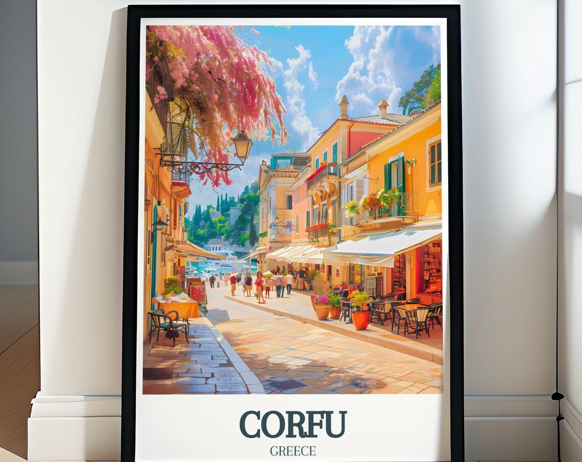 Corfu Greece Old Town Street with Bougainvillea Blooms Poster