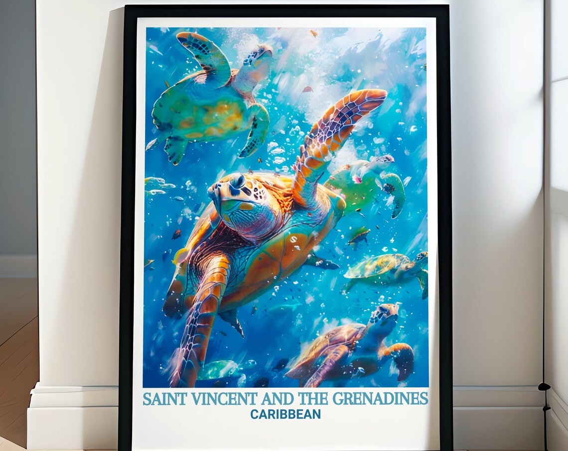 Saint Vincent And The Grenadines Sea Turtles Underwater Travel Poster