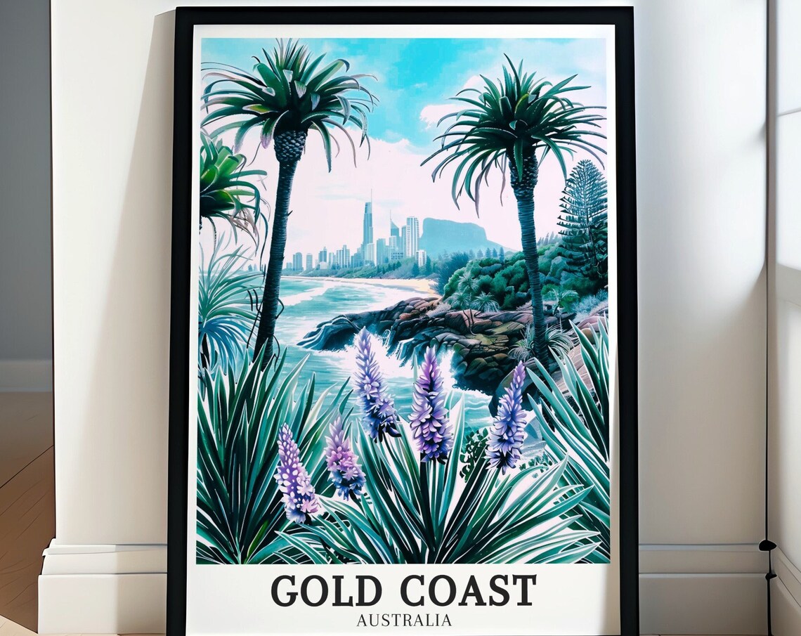 Gold Coast Australia Rocky Coastline Palms City Skyline Poster
