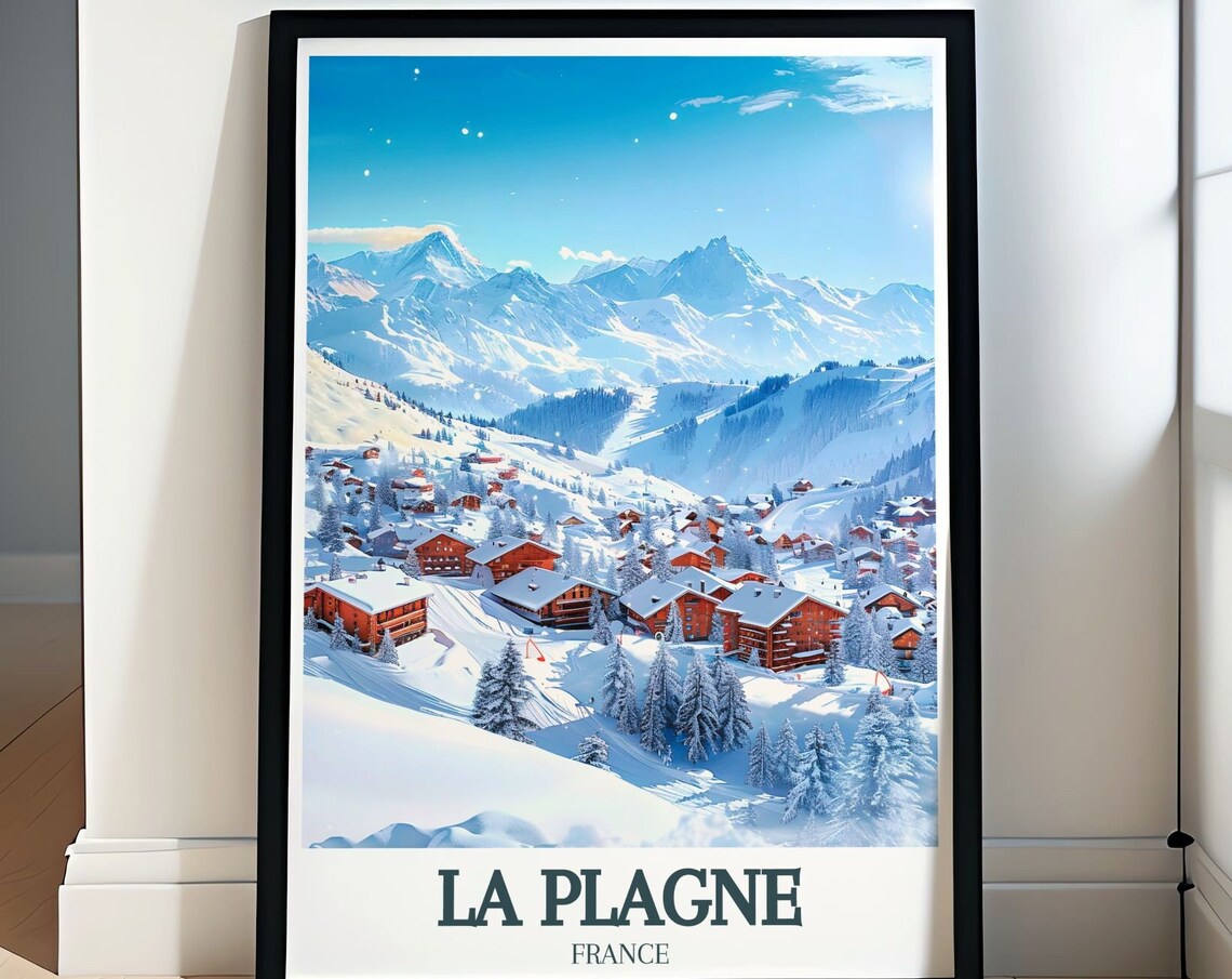 La Plagne Snowy Village Chalets Towering Peaks Winter Magic Poster