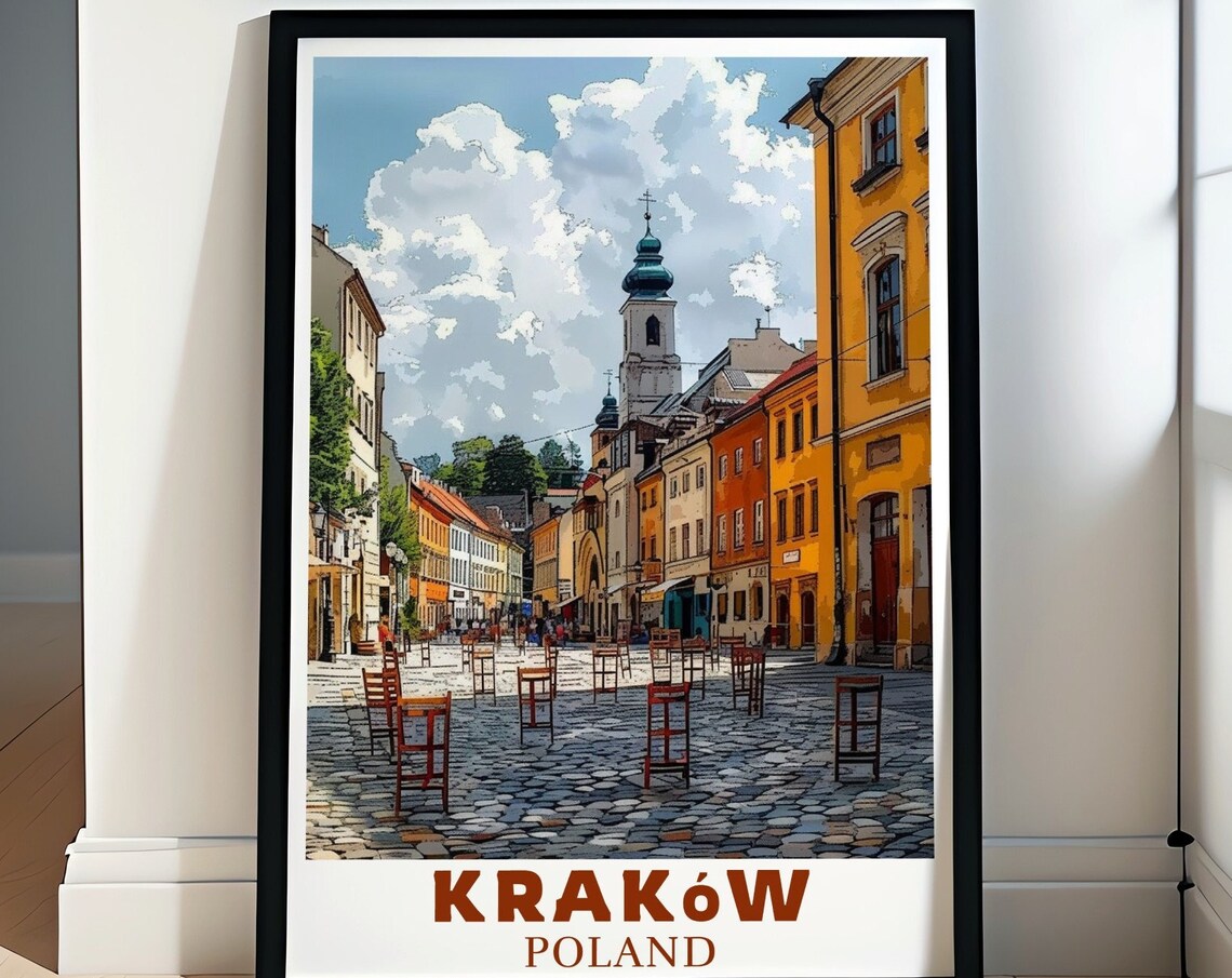Krakow Poland Old Town Cobblestone Street Scene Travel Poster