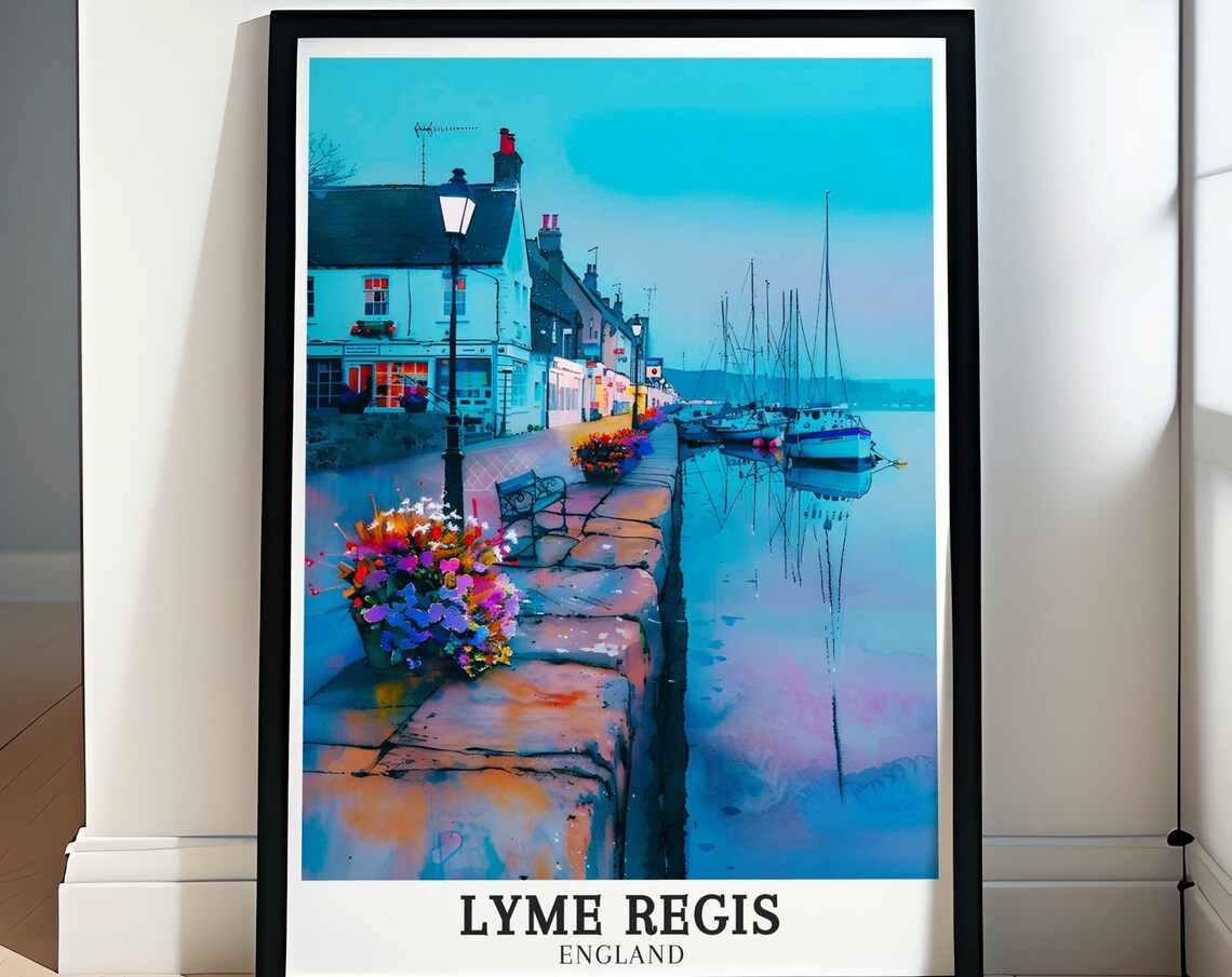 Lyme Regis England Cobb Harbour Dusk Waterfront Watercolor Poster