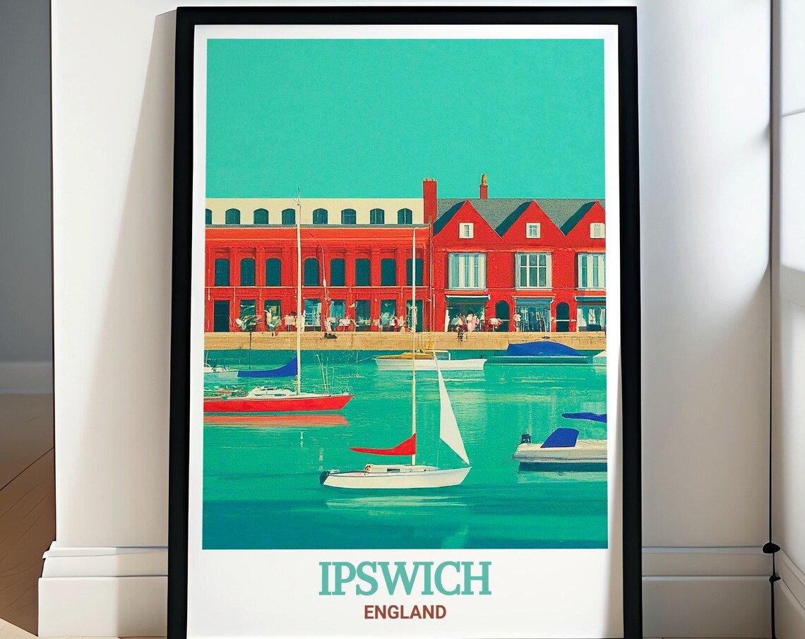 Ipswich Waterfront Harbor Sailboats Retro England Travel Poster