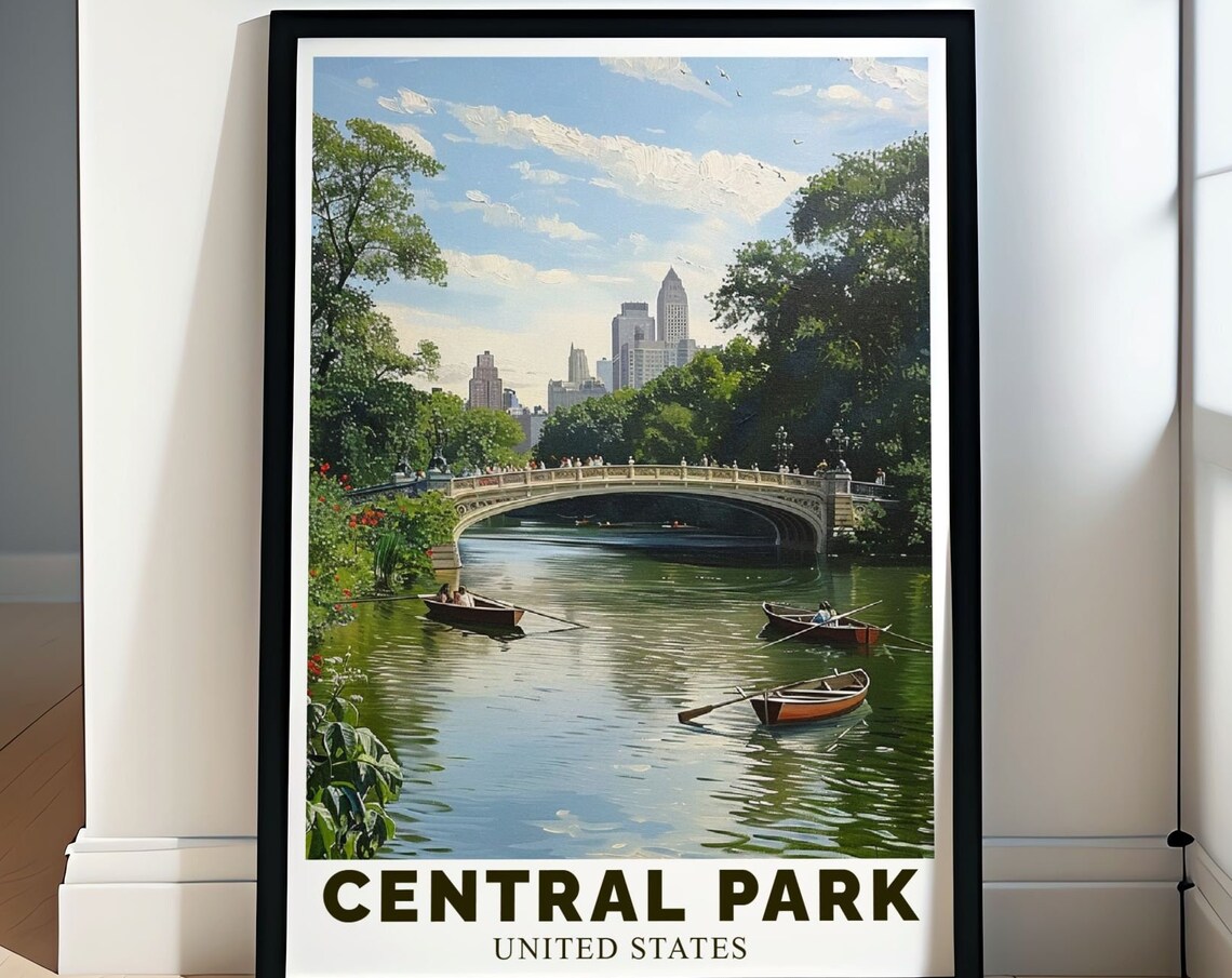New York Central Park Bow Bridge Rowboats Summer Lake Poster