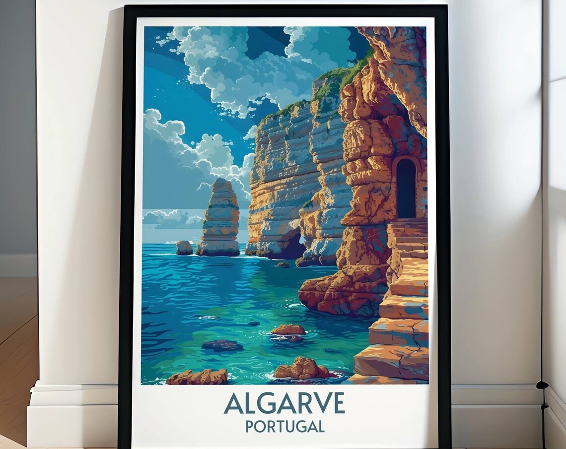 Algarve Portugal Golden Sea Stacks Cliffs Turquoise Sea Travel Poster