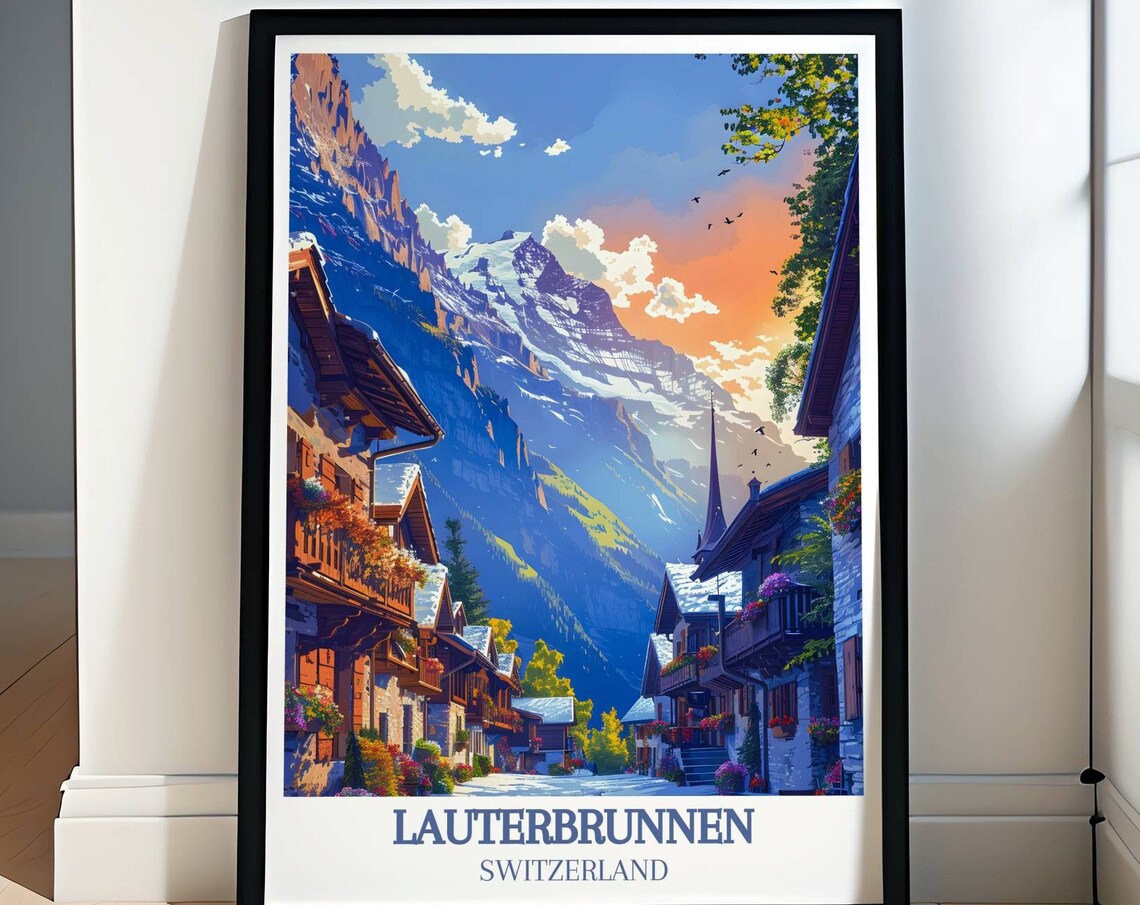 Lauterbrunnen Switzerland Alpine Village Church Sunset Peak Poster