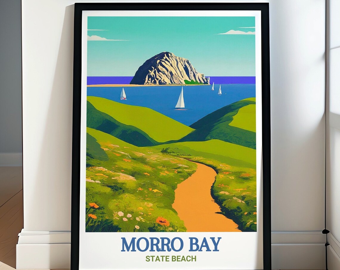 Morro Bay Sailboats And Green Hills California Scenic Travel Poster