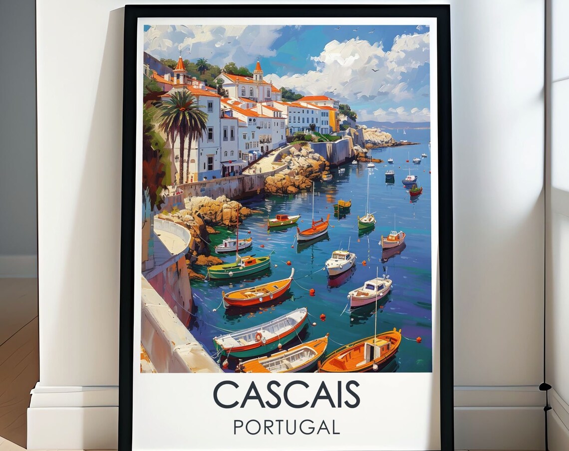 Cascais Portugal Marina Travel Poster with Colorful Fishing Boats