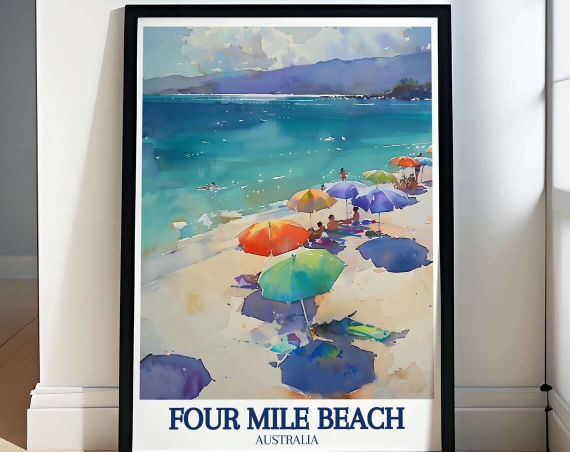 Four Mile Beach Australia Watercolor Beach Umbrellas Scene Poster