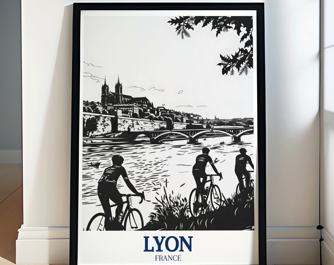 Lyon France Black White Riverbank Cyclists Bridge Art Poster