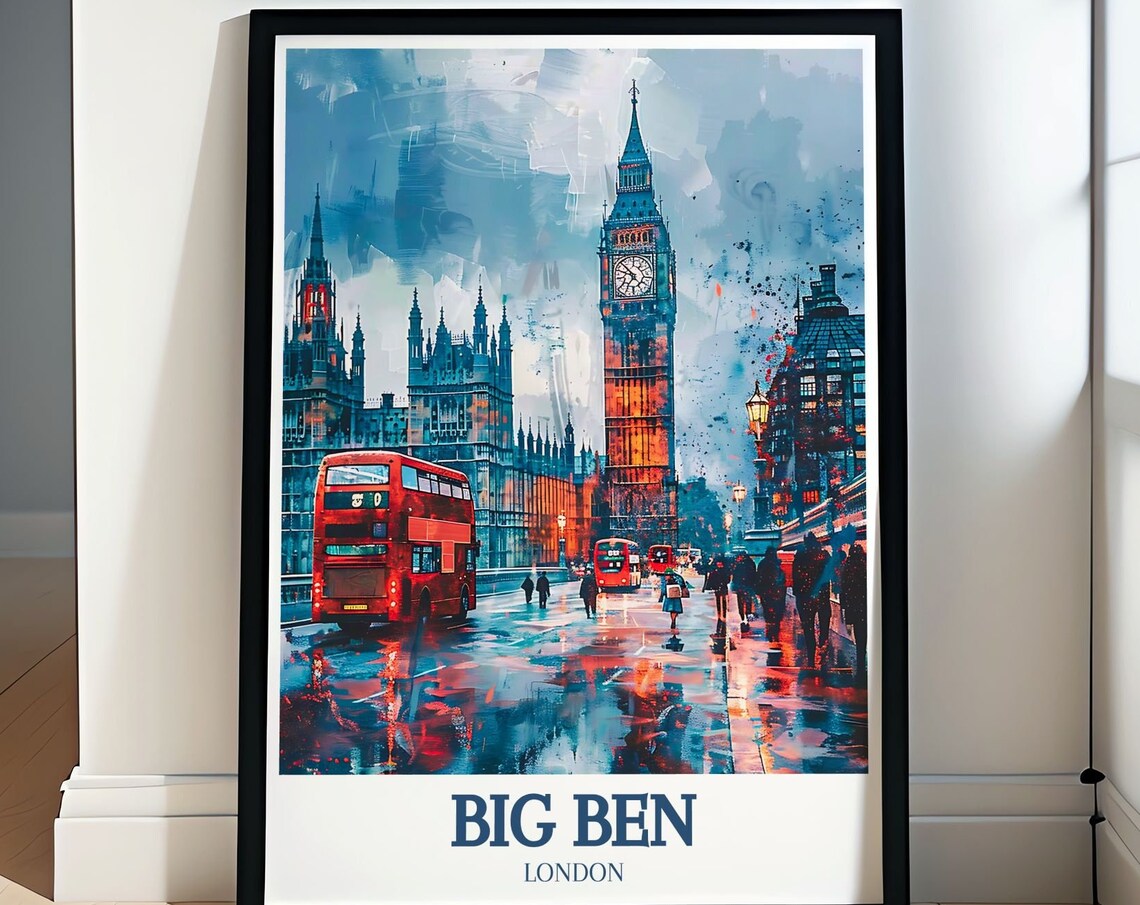 Big Ben London Rainy Street Red Double Decker Bus City Poster