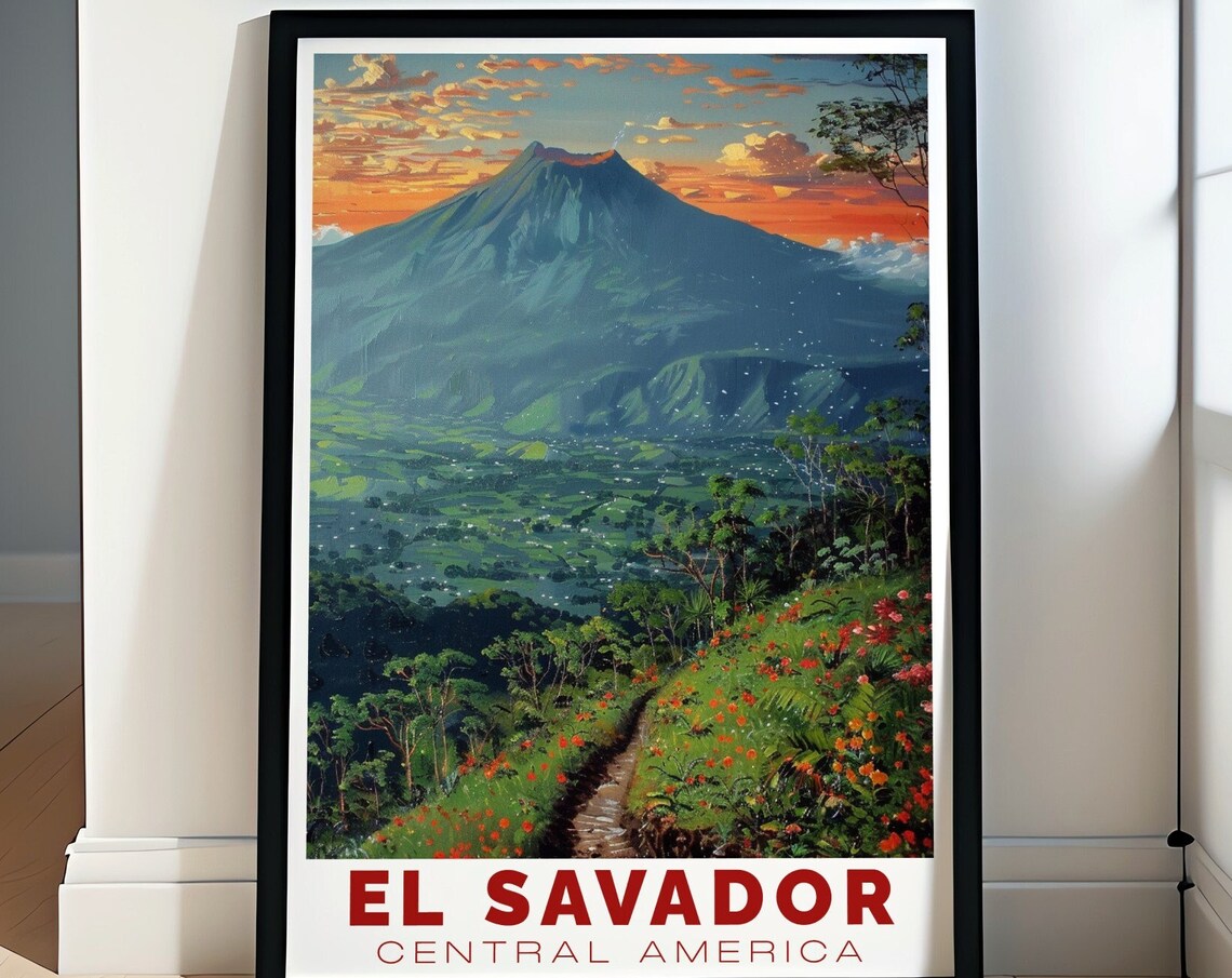 El Salvador Volcano Sunset Over Flower Meadow Trail View Poster