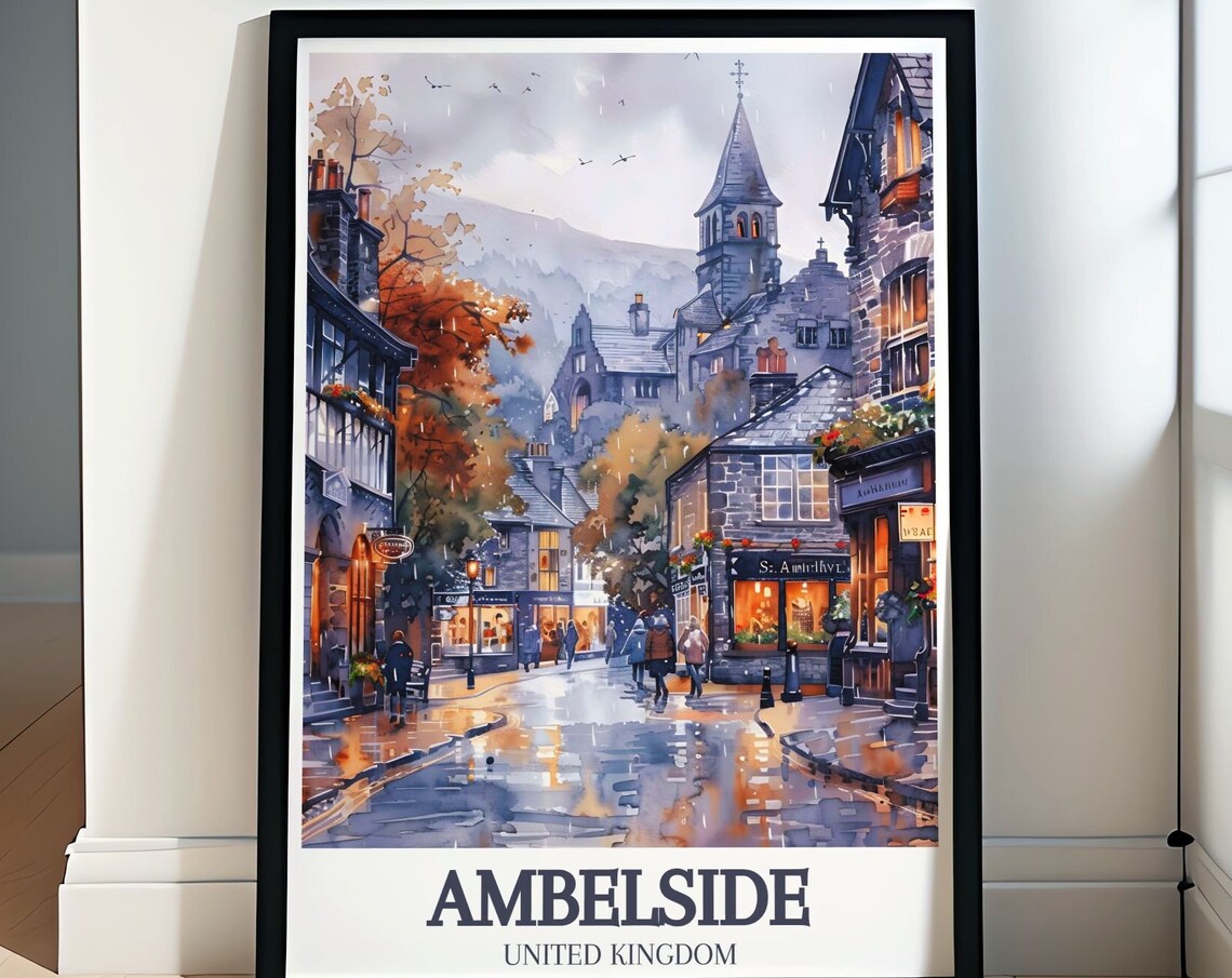 Ambleside Lake District Rainy Old Town Street Watercolor Poster