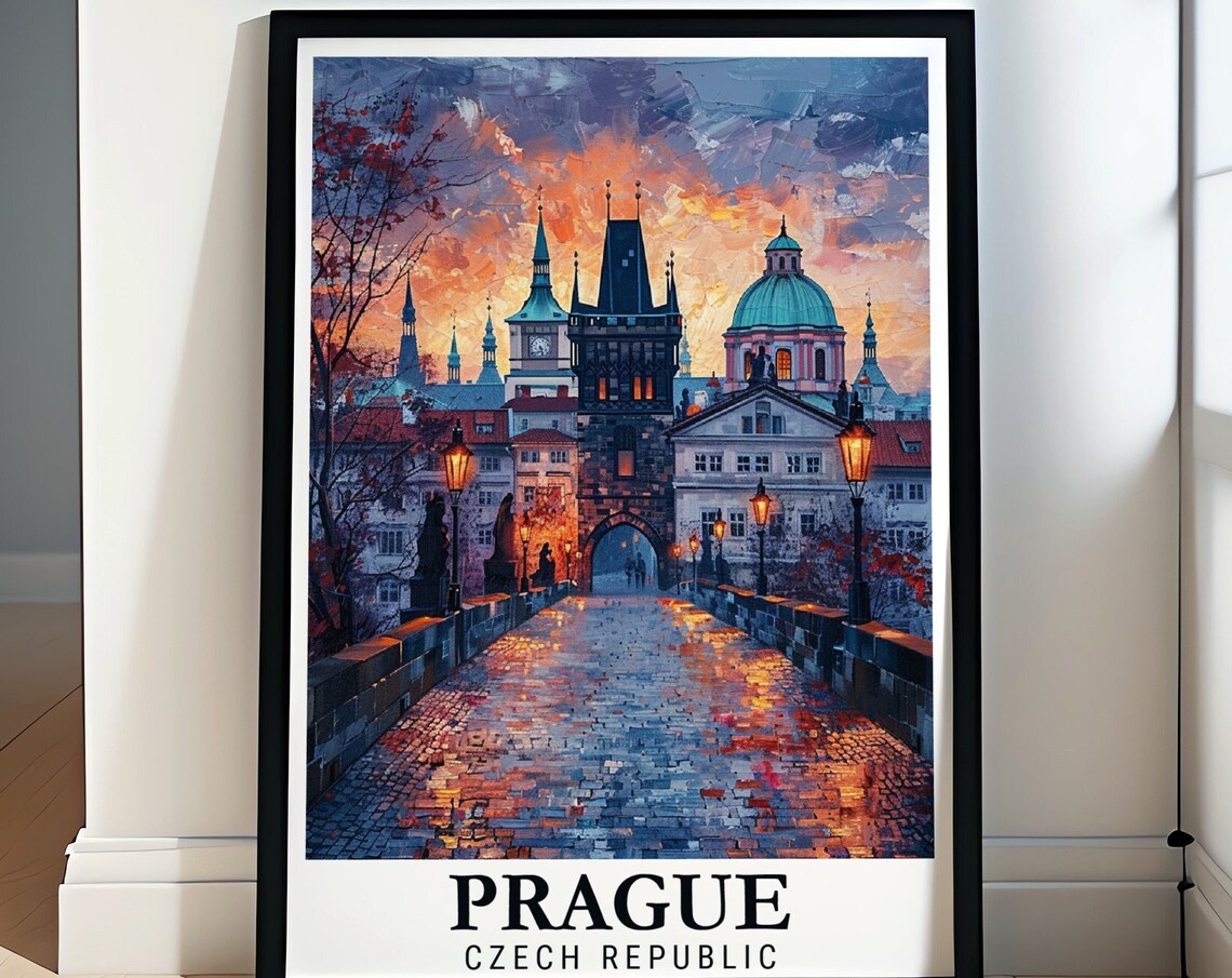 Prague Charles Bridge Golden Sunset Cobblestones Travel Poster