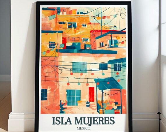 Isla Mujeres Colorful Market Street Under Festive Lights Travel Poster